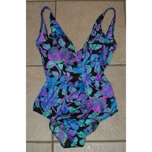 Vintage Colorful Floral Sz 16 Beach Pool Built in Bra 1 Pc Swimsuit OCEAN VIEW